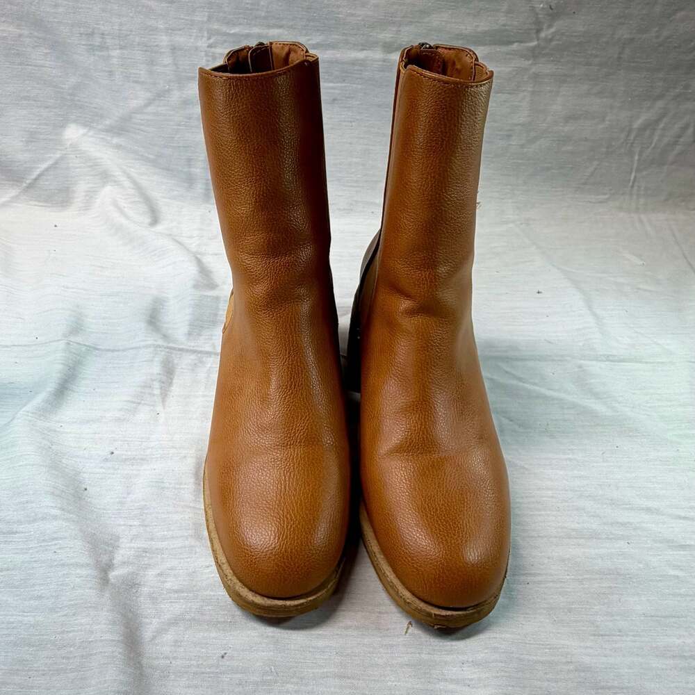 Beast Fashion Tan Faux Leather Heeled Ankle Boots with Back Zipper Size 7